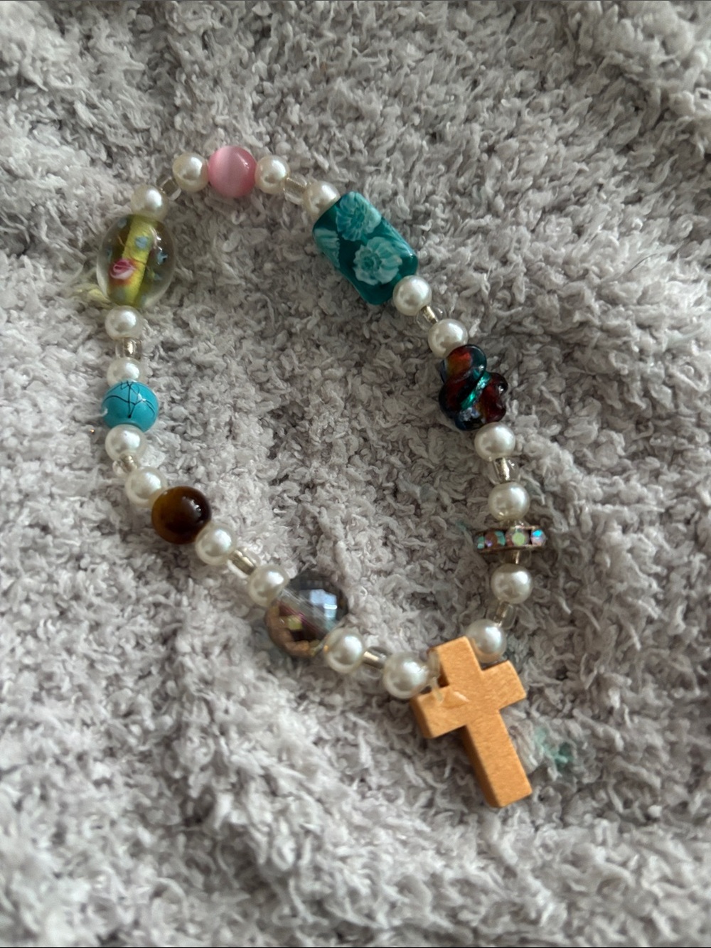Multicolor Beaded Bracelet with Cross Charm (handmade)